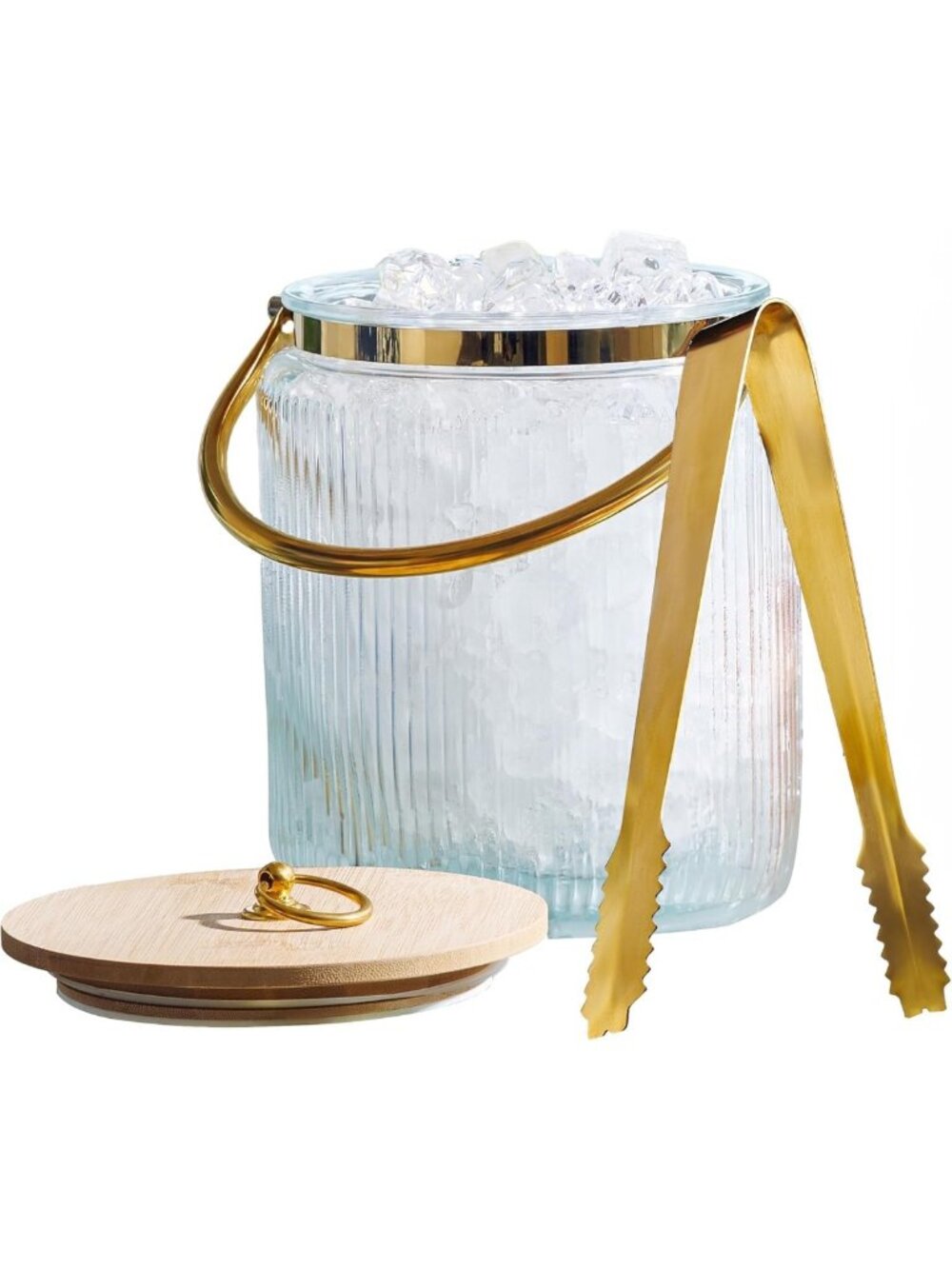 Stylish Glass Ice Bucket with Airtight Lid & Handle - 3L Ribbed Beverage Tub for